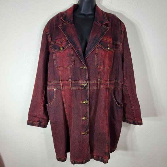 DG2 by Diane Gilman Women's 3X Red Acid Wash Denim Long Jean Jacket 90s Y2K - Picture 1 of 13